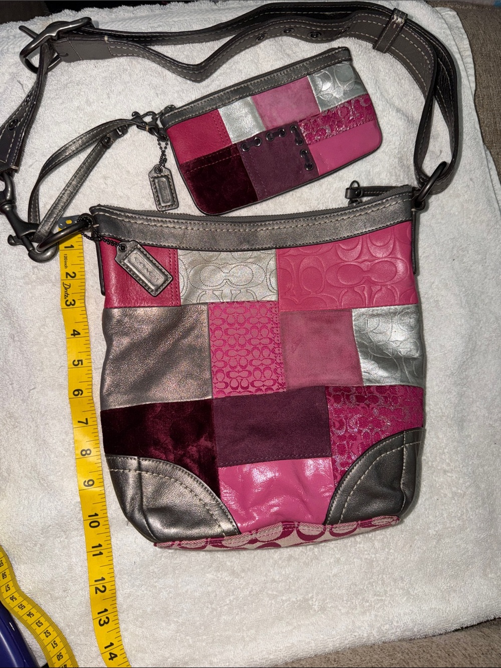 Coach Pink and Silver Patchwork Crossbody with Matching Wristlet